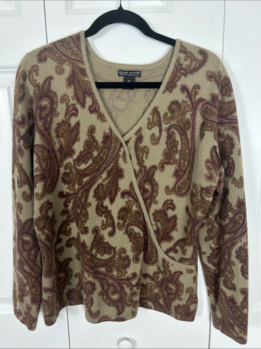 Paisley Wrap Cardigan Sweater in Beige and Mauve Size XL